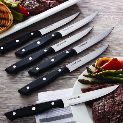 Farberware Juego de Cuchillos de Carne 6 Pzs | Acero inoxidable alto carbono, negro, 4.5 in, triple remachado, borde fino