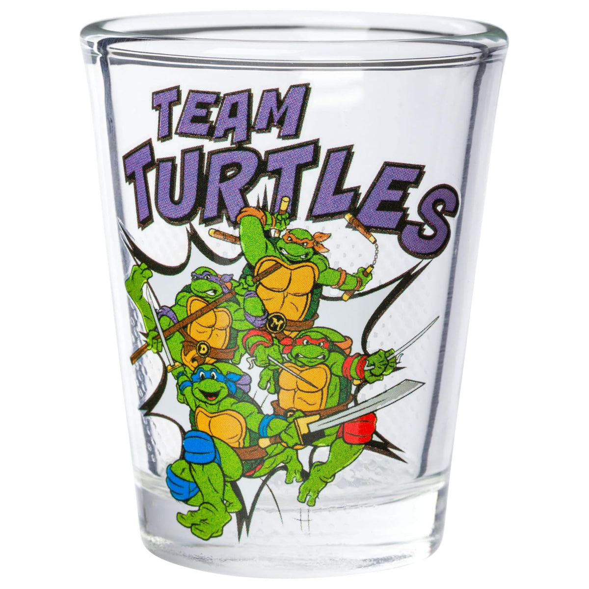 Silver Buffalo Teenage Mutant Ninja Turtles TMNT con Leonardo, Rapheal, Donatello y Miguel Ángel Juego de 4 mini vasos de 1.5 onzas