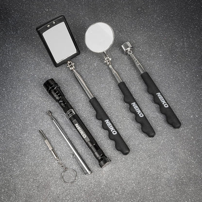 NEIKO 20736A Magnetic Pick-Up Tool and Inspection Mirror Set | Telescoping Flexible & Extendable LED Flashlight | 15lb Retriever Tool | 6 Piece Set | 360 Swivel, Adjustable, Telescoping Mirror