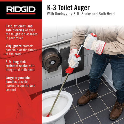 RIDGID - Destapacaños para Inodoros K3, Limpieza de Obstrucciones, con Cabezal y Cubierta de Vinilo, Cable Flexible, Diseño Ergonómico, Plomería, Kit de Herramientas