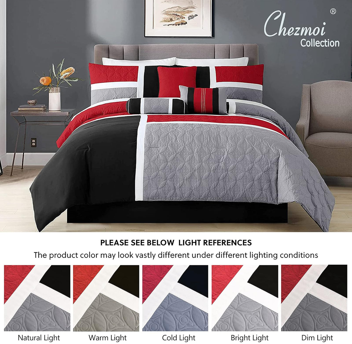 Chezmoi Collection - Juego de edredón Acolchado de 7 Piezas con diseño de Patchwork - Queen, Rojo/Gris/Negro