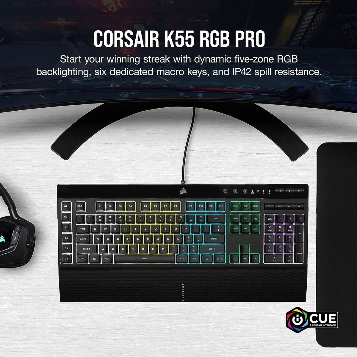 Corsair K55 RGB Pro Teclado para Juegos con Cable de Membrana – IP42 Resistente al Polvo y derrames – 6 Teclas Macro con integración Elgato – Compatible con iCUE – QWERTY NA – PC, Mac y Xbox – Negro