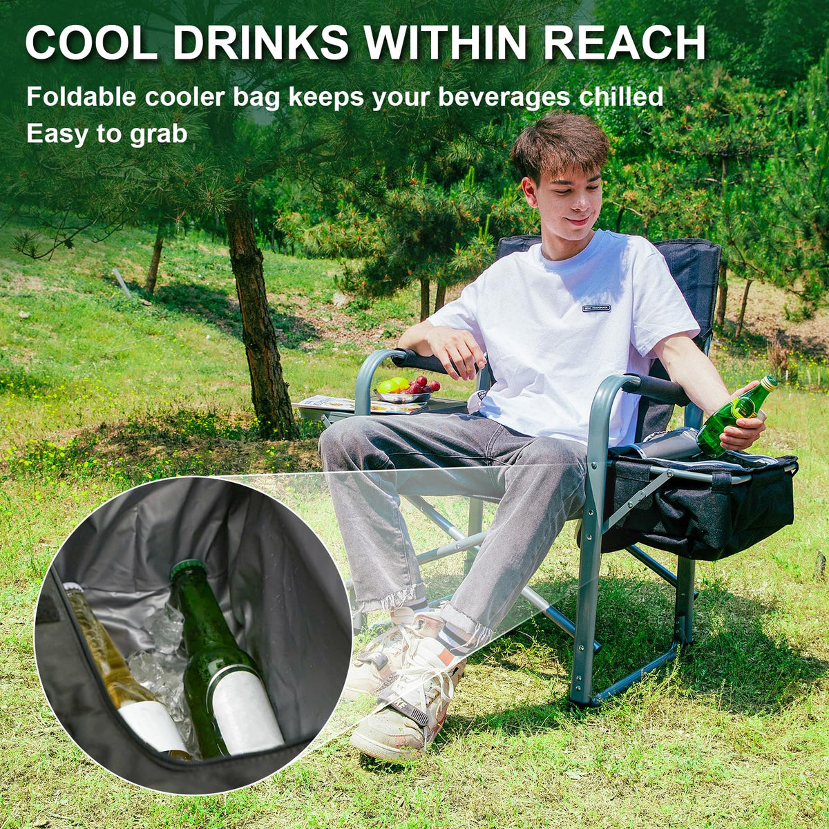 KingCamp Silla Director XXL Extra Grande con Mesa Lateral, Silla de Camping Reforzada 600 LB con Bolsa Térmica, Plegable y Portátil con Asiento Ancho para Camping, Pesca, Jardín y Deportes
