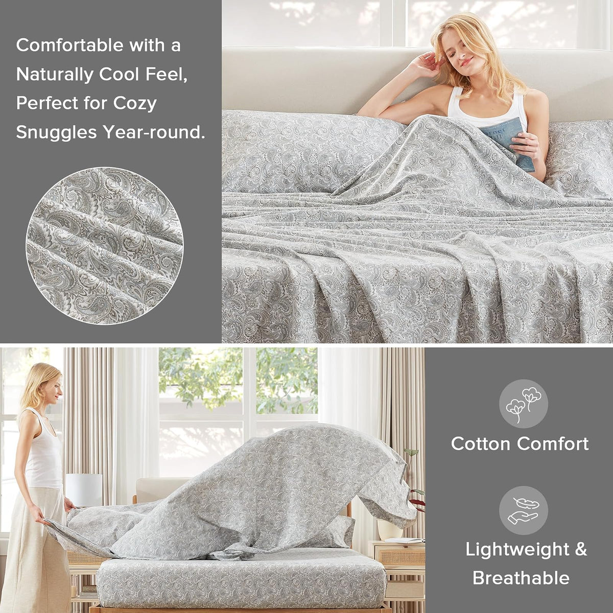 Comfort Spaces - Sábanas de algodón 100% tamaño Queen, Transpirables, naturalmente Frescas, sábanas de algodón Suave con Bolsillo elástico de 14 Pulgadas, se Adapta a colchones de hasta 16 Pulgadas,