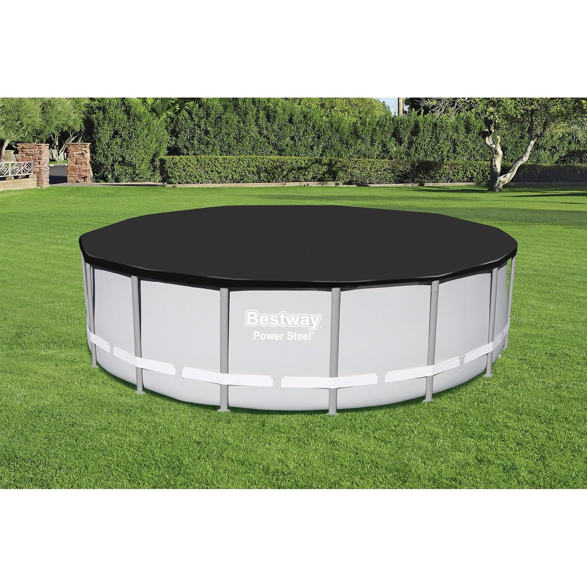 Bestway - Cubierta Redonda de PVC de 16 pies para Piscinas sobre el Piso con Agujeros de Drenaje y Cuerdas de Amarre seguras, Color Negro (Solo Cubierta)
