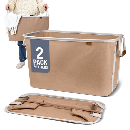 CleverMade - Cestas plegables de lavandería LUXE Mocha 2 unidades – 60 L (16 Gal) Cesta plegable con marco de alambre desplegable resistente, cesta plegable de mezcla de algodón de primera calidad con