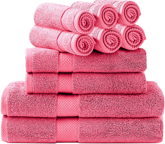 SIMPLI-MAGIC Juego de Toallas de baño, 2 Toallas de baño, 2 Toallas de Mano y 6 paños (Juego de 10 Piezas), Toallas de algodón Hilado en Anillo Altamente absorbentes para baño, Toalla de Ducha (Rosa)