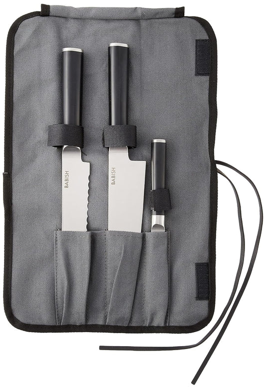 Babish Cubiertos alemanes de acero de alto carbono 1.4116, 3 piezas con rollo de cuchillos