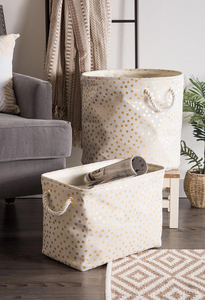 DII Contenedor de almacenamiento de poliéster, colección metálica dorada plegable con asas, redondo grande, blanco roto natural