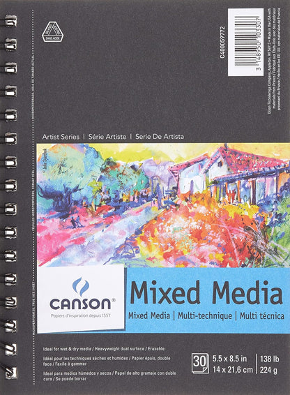 Canson - Bloc de papel Artist Series Mix Media para medios húmedos o secos, doble superficie, fina o mediana, encuadernado con alambre lateral, 138 libras, 5.5 x 8.5 pulgadas, 30 hojas