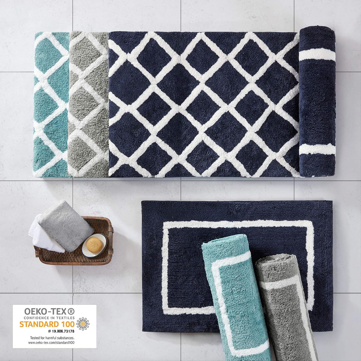 Madison Park Bittman - Alfombra de baño Reversible de Microfibra de Alta Calidad, 24 x 60 Pulgadas, Color Azul