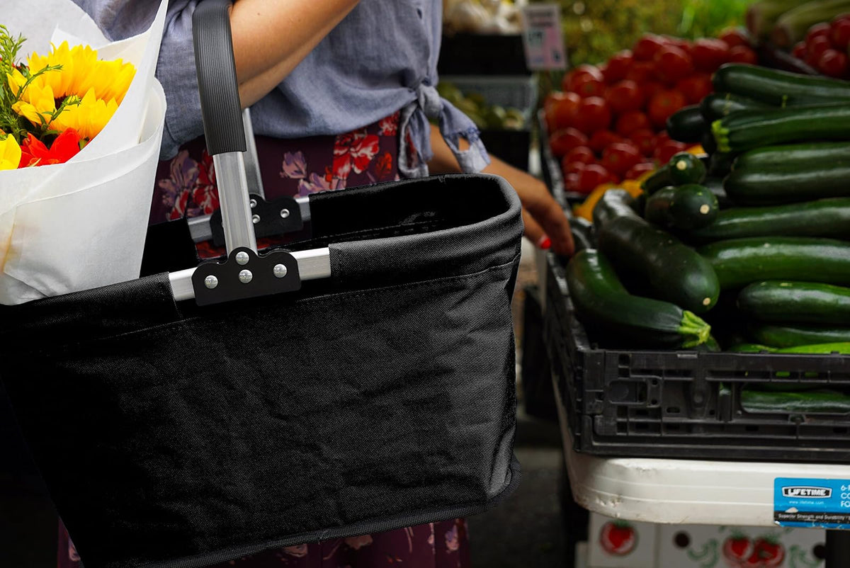 RSVP International - Cesta plegable para el mercado, color negro | marco de aluminio | tela de poliéster | compartimento grande con cierre, almacenamiento que ahorra espacio, tamaño único