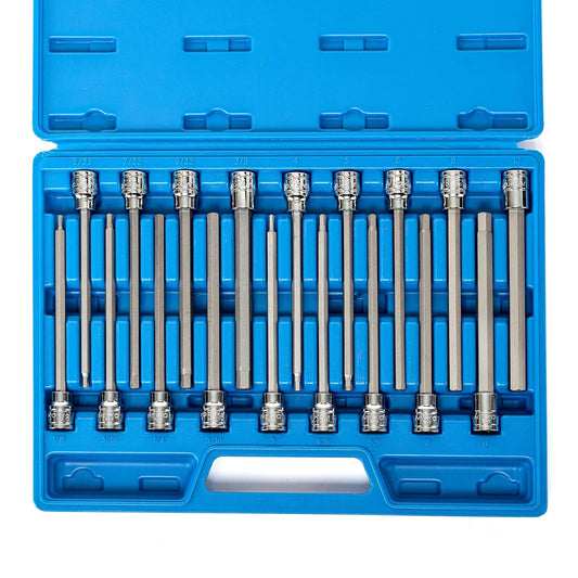 NEIKO 10079A Juego de llaves hexagonales hexagonales extralargas de 18 piezas SAE y juego de llaves hexagonales métricas de 3/8, 1/8 pulgadas - 3/8 pulgadas y 3 mm - 10 mm, 6 pulgadas de largo, juego