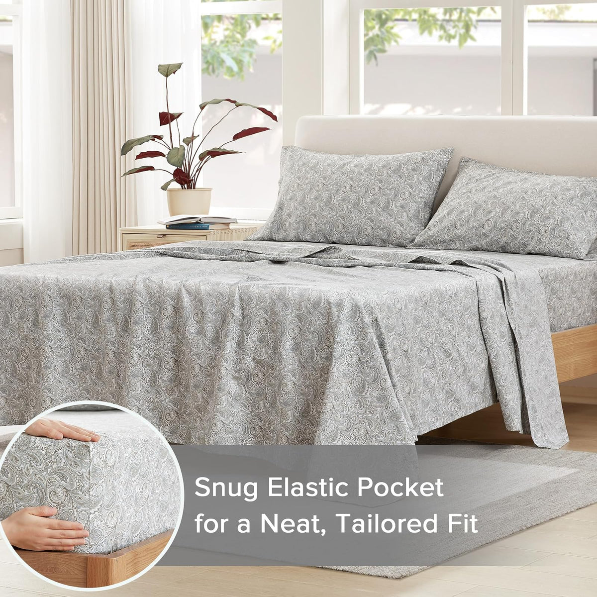 Comfort Spaces - Sábanas de algodón 100% tamaño Queen, Transpirables, naturalmente Frescas, sábanas de algodón Suave con Bolsillo elástico de 14 Pulgadas, se Adapta a colchones de hasta 16 Pulgadas,