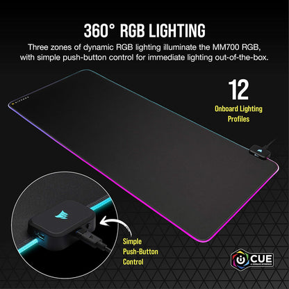 Corsair MM700 RGB Alfombrilla de Ratón para Juegos de Tela Extendida - 930mm x 400mm - Iluminación RGB de 360° - Concentrador con Dos Puertos USB - Goma Gruesa - Negro