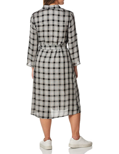 Max Studio 3/4 Sleeve Midi-Length Plaid Shirt Dress Vestido Casual Mujer