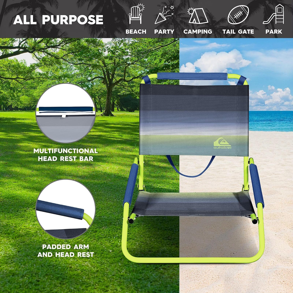 Mirabellini Quiksilver Silla de Playa Baja Plegable | Ligera, portátil, con correa de transporte, para playa, patio, camping, eventos