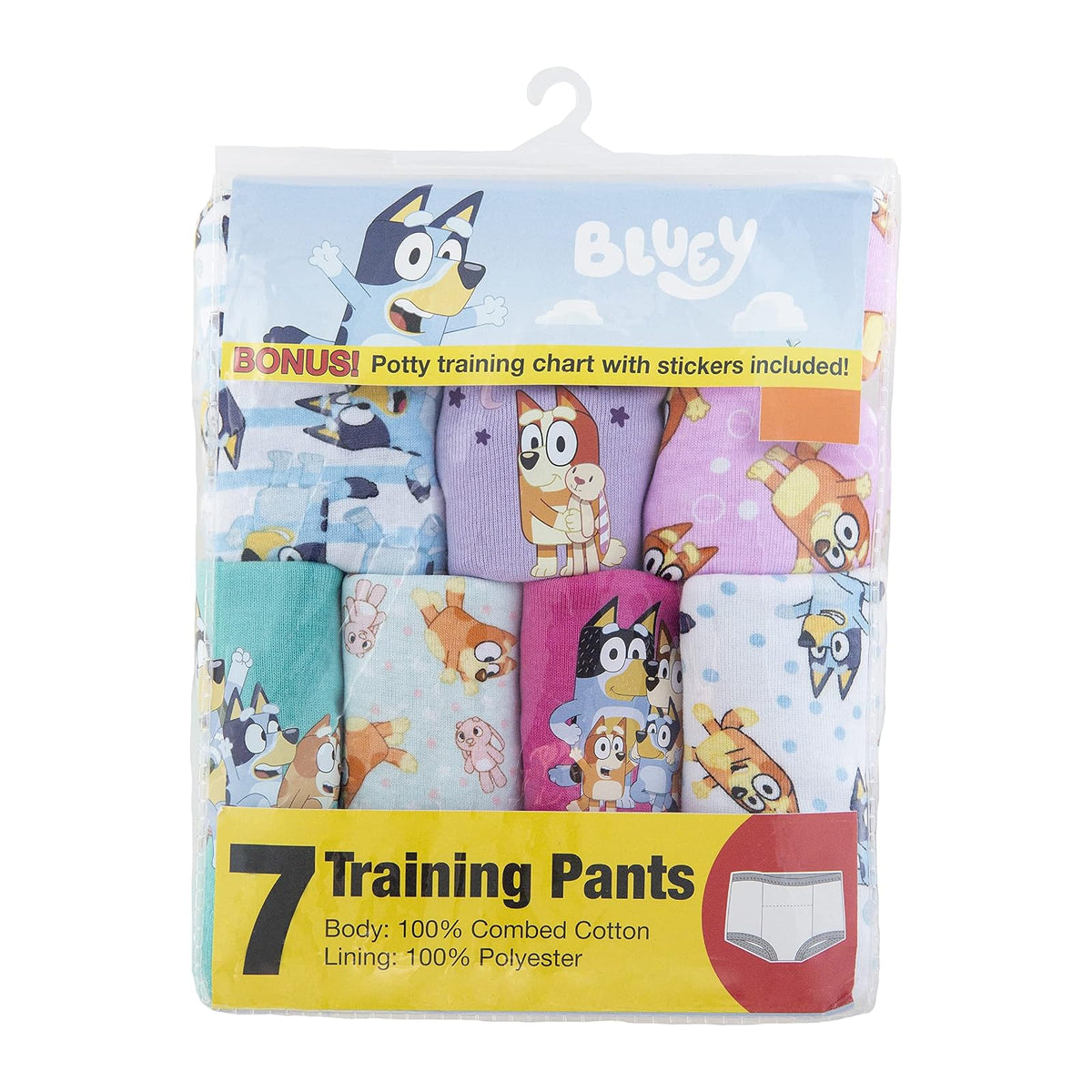 Bluey - Paquete de 7 pantalones de entrenamiento para ir al baño unisex con pegatinas y tabla de éxito, tallas 18 M, 2t, 3t y 4t, Paquete de 7 Bluey, 2 Años