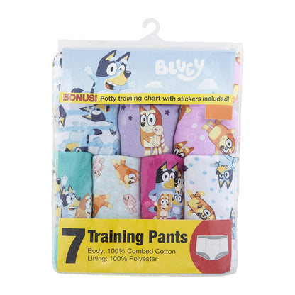 Bluey - Paquete de 7 pantalones de entrenamiento para ir al baño unisex con pegatinas y tabla de éxito, tallas 18 M, 2t, 3t y 4t, Paquete de 7 Bluey, 2 Años