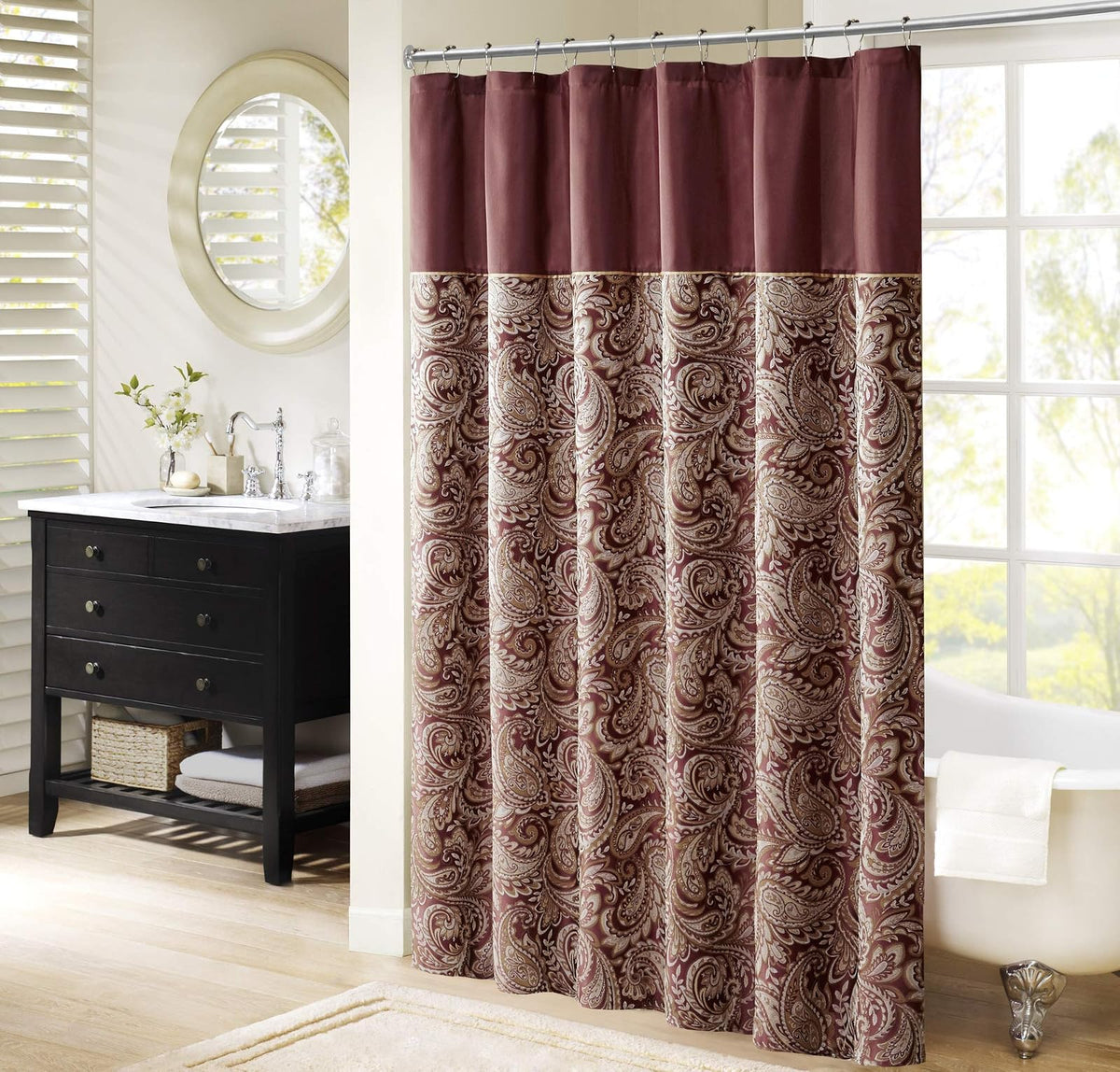 Madison Park Aubrey - Cortina de Ducha Moderna con diseño de Rayas, Jacquard Tradicional para baño, 72 x 72 Pulgadas, Color Burdeos - 182.9An x 182.9Al cm (1 Paneles) - Borgoña