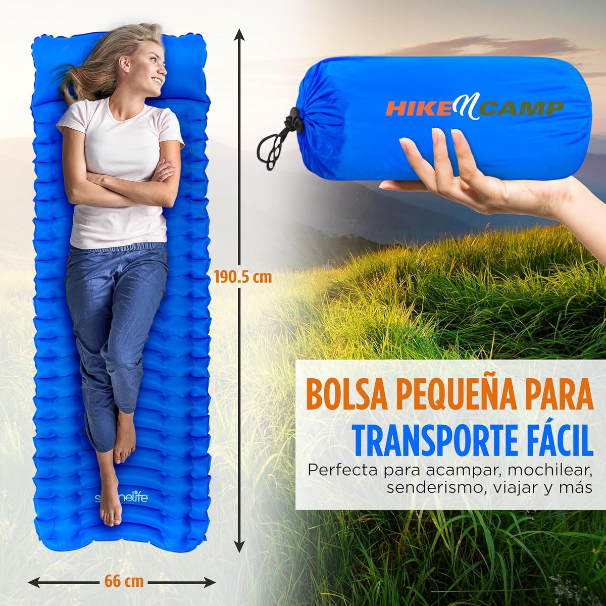 SereneLife Colchoneta Inflable para Dormir Almohada Incorporada, Resistente a Desgarros, Bolsa de Transporte para Camping, Senderismo y Excursionismo