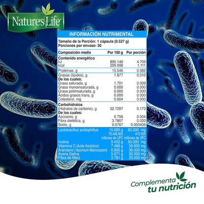 Nature's Life - Probióticos y Prebióticos Vitamina C y Arándano 30 Cápsulas | 415 millones UFC, Lactobacillus acidophilus, inulina, avena sativa, sin conservadores ni azúcar añadida, 1 cápsula al día