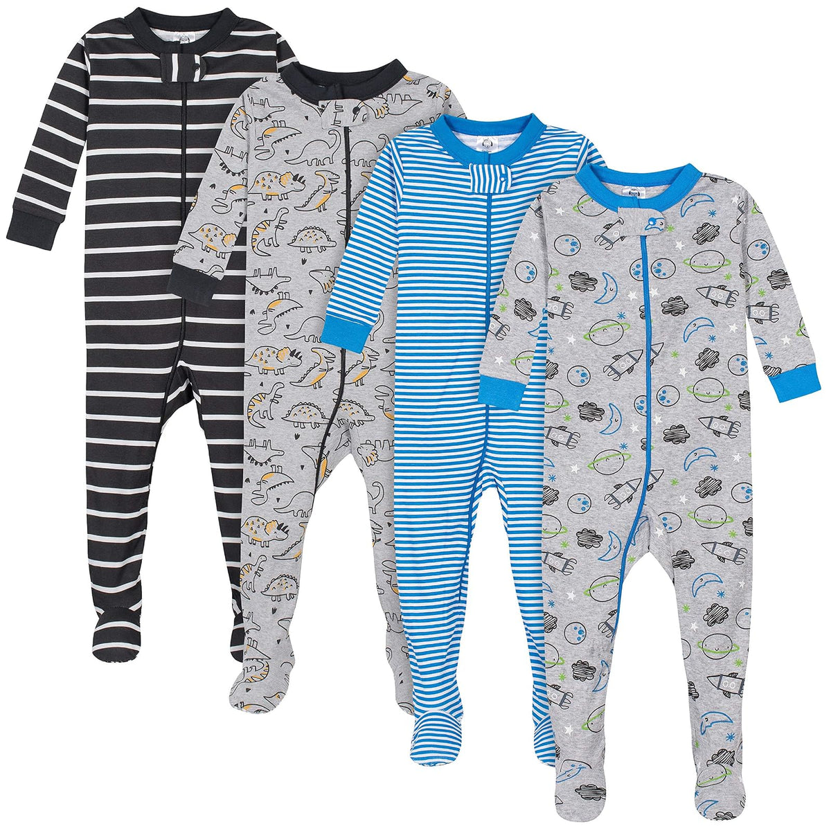 Gerber Paquete de 4 Pijamas con Pies Bebé Niña Estampado Dino y Animales Árticos - Dinosaurios Space Grey - 12 Meses