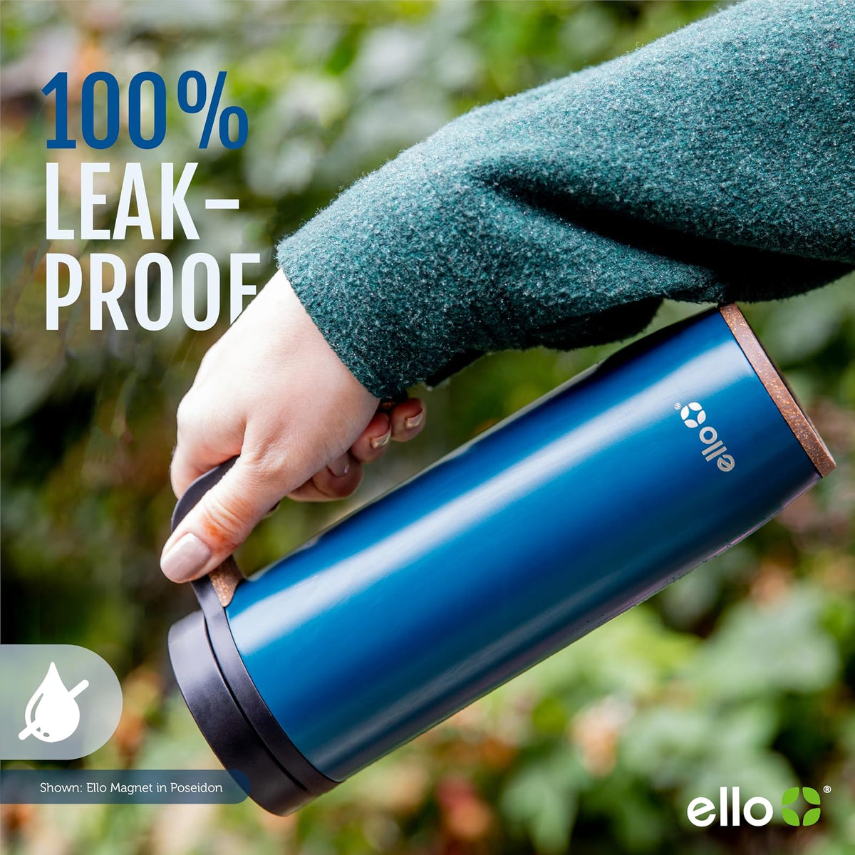 Ello Magnet - Taza de viaje de acero inoxidable aislada al aspiradora de 18 onzas con asa lateral y tapa deslizante a prueba de fugas y posavasos integrados, mantiene el calor durante 5 horas