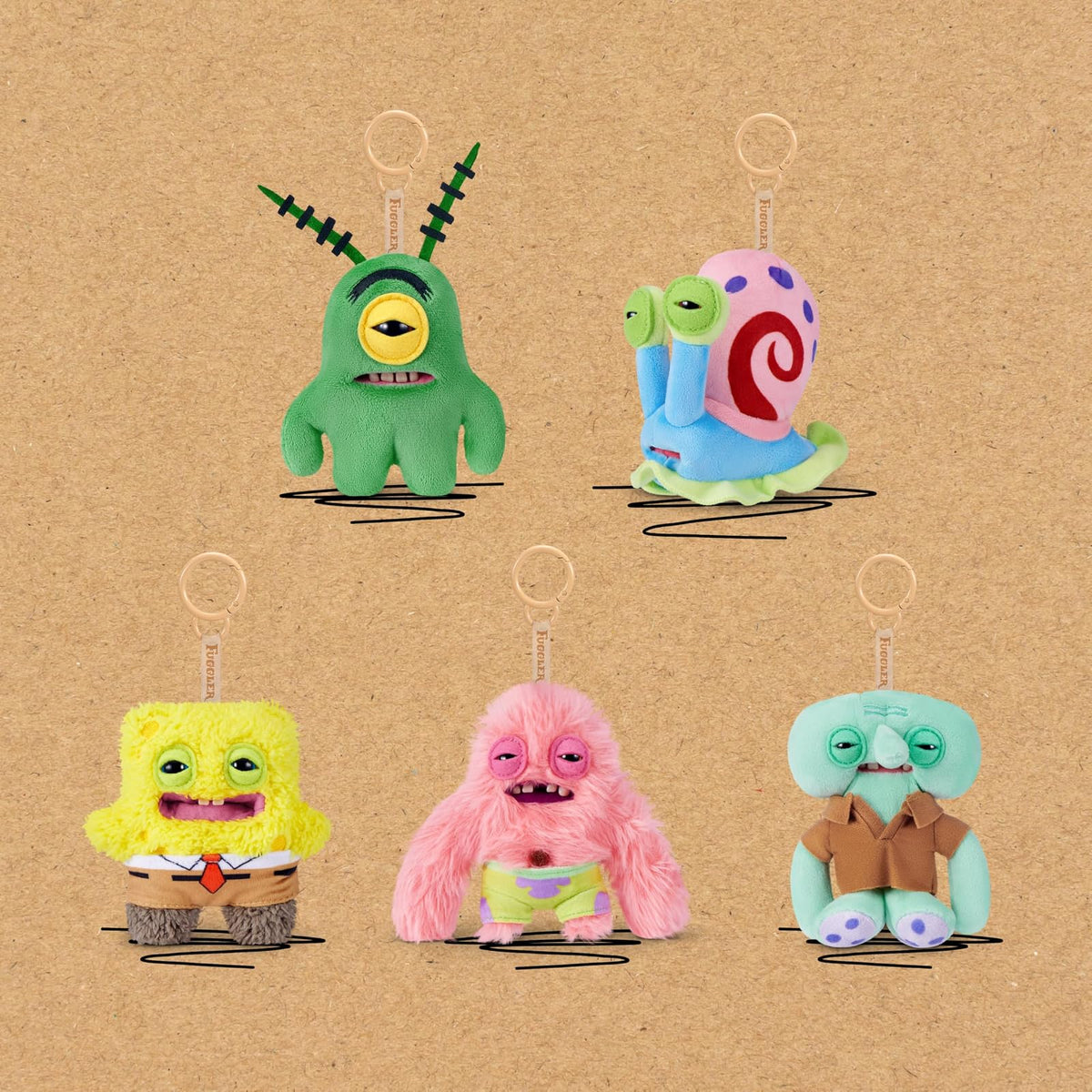 Fuggler Spongebob Keyrings 5" | Paquete de 5 llaveros de peluche de 5 pulgadas, diseño de monstruo feo divertido
