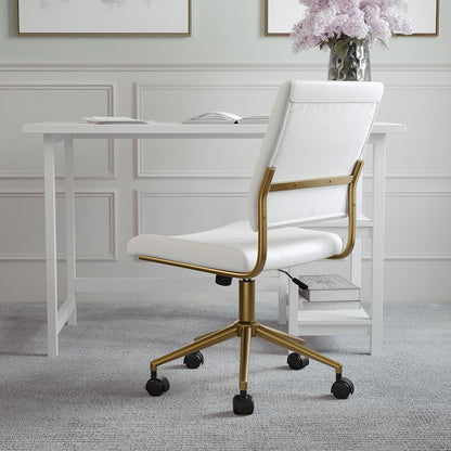 Martha Stewart Ivy Silla giratoria sin Brazos para Oficina en casa en Piel sintética Blanca con Marco de latón Pulido