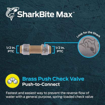 SharkBite Max - Válvula de retención de 1/2 pulgadas, ajuste de fontanería de latón, tubería PEX, cobre, CPVC, PE-RT, HDPE, UR2008A