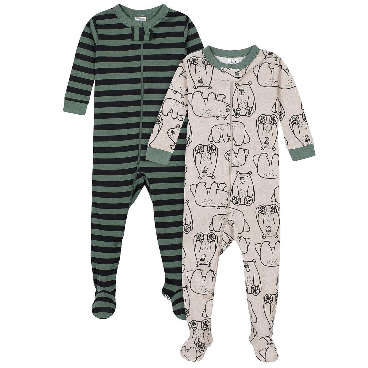 Gerber Pijamas con Pies para Bebé, Paquete de 2, Cierre Frontal - Bear Green Stripes White - 18 Meses