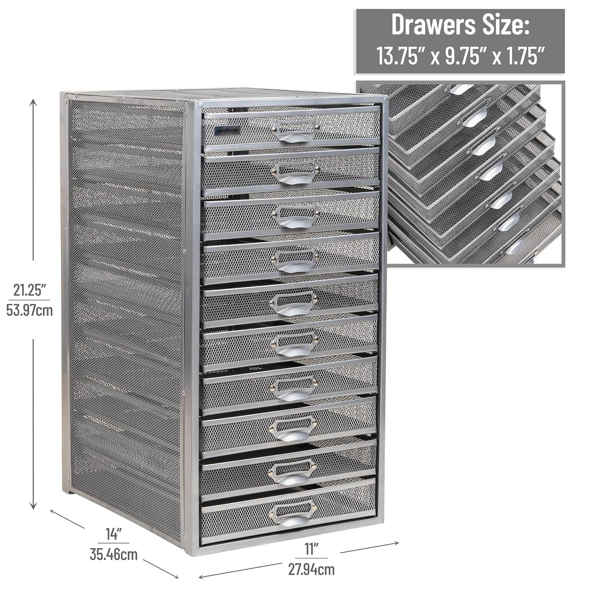 Mind Reader File Storage Drawers, Desk Organizer, Multi-Purpose, Crafts, Office, Metal Mesh, 10.75" L x 14" W x 21.25" H, Silver