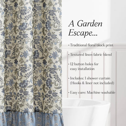 Lush Decor - Cortina de Ducha con Textura de Lino con Estampado de Bloques de Lillian, Individual, 72 Pulgadas de Ancho x 72 Pulgadas de Largo, Color Azul y Salvia, Cortinas de Ducha Florales clásico