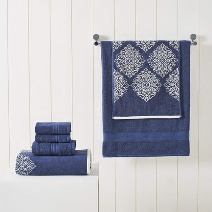 Amrapur Overseas | Artesia Damask 6 Piece Reversible Yarn Dyed Jacquard Towel Set (Indigo)