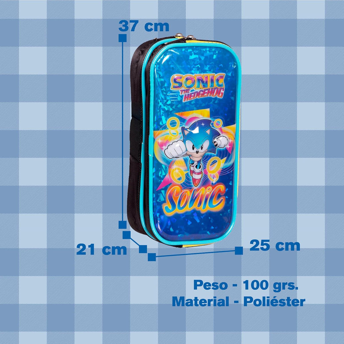 Ruz Lapicera Doble Infantil y Preescolar | Sonic | 100% Poliéster | Estuche de Tela para Niños con Compartimentos Internos y Cremallera | Recomendado desde 3 años