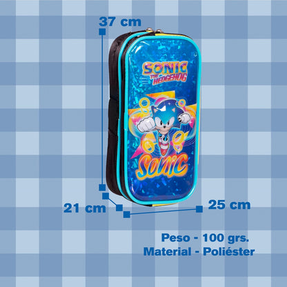 Ruz Lapicera Doble Infantil y Preescolar | Sonic | 100% Poliéster | Estuche de Tela para Niños con Compartimentos Internos y Cremallera | Recomendado desde 3 años