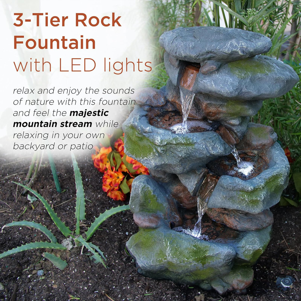 Alpine Corporation WIN582 Fuente en Cascada Estilo Roca de 3 Niveles para Exteriores con Luces LED y Aspecto de Piedra Natural, 22", Gris