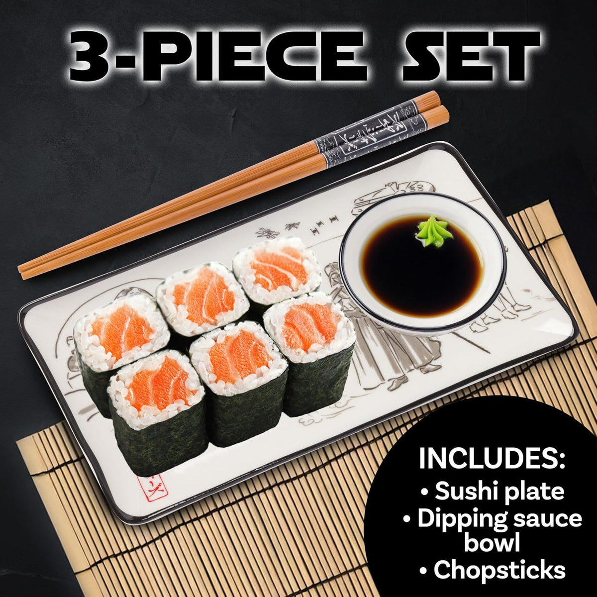 Silver Buffalo Star Wars - Arte japonés de acuarela con Jabba the Hutt, Darth Vader, Stormtroopers juego de sushi de cerámica con plato de salsa para sumergir y palillos a juego