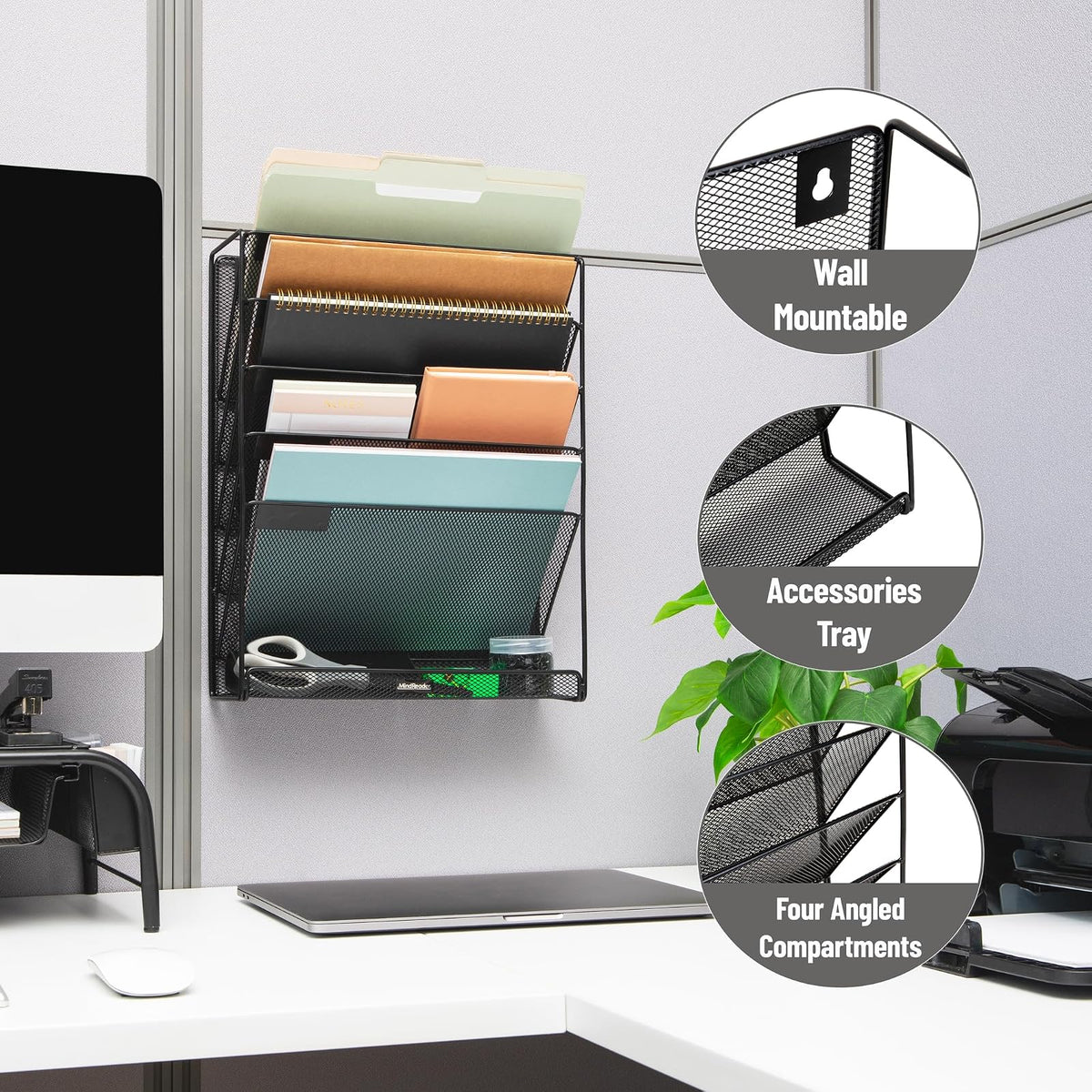 Betesh Mind Reader 5-Tier Vertical File Storage, Desktop Organizer, Wall Mount, Office, Metal Mesh, 12.75" L x 4" W x 16" H, Black