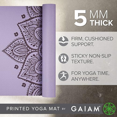 Gaiam - Tapete de yoga de 5 mm de grosor. Impresión premium gruesa, antideslizante, tapete de ejercicio y fitness, para todo tipo de yoga, pilates y entrenamientos de piso (173 cm x 61 cm x 5 mm)