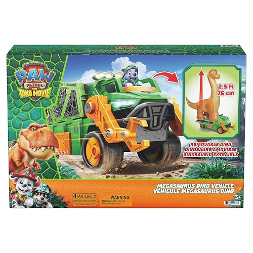 Paw Patrol: The Dino Movie, vehículo de Dinosaurio Megasaurus con Dinosaurio Inflable de 76,2 cm y Figura de acción de Rocky, Juguetes para niños y niñas preescolares, a Partir de 3 años