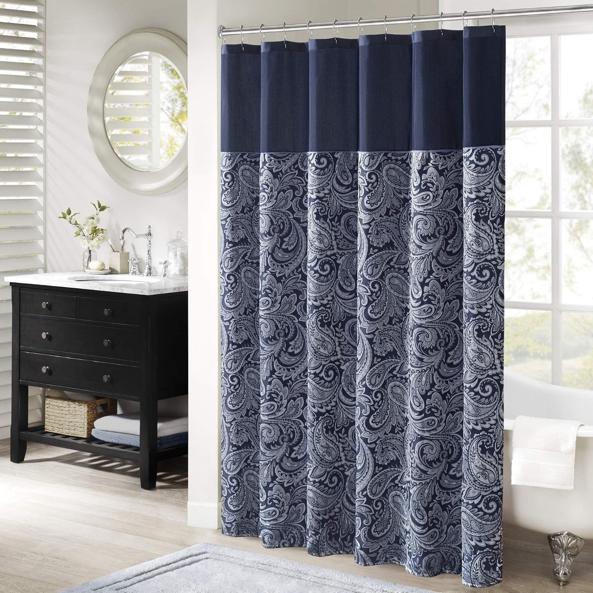 Madison Park Aubrey - Cortina de Ducha con diseño de Cachemira, de Seda sintética, Moderna, decoración de baño, decoración de baño, visualización Decorativa, 72 x 72 Pulgadas, Color Azul Marino - 182.9An x 182.9Al cm (1 Paneles) - Azul marino