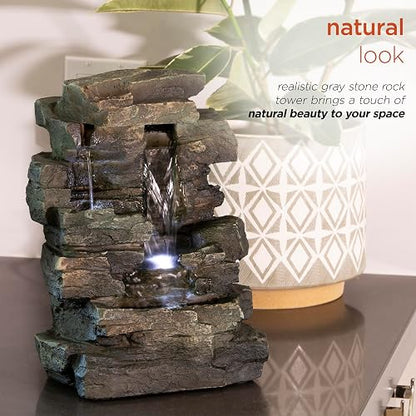 Alpine Corporation WIN220 Fuente de Cascada de Rocas Calmantes de 4 Niveles para Mesa Interior con Luces LED, 13", Gris