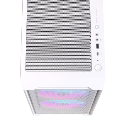 EINAREX Pulse PM150 White - Gabinete Micro-ATX, Cristal Templado, Panel Frontal de Malla, Incluye 3 Ventiladores RGB, USB C, Soporta Enfriamientos de 240mm