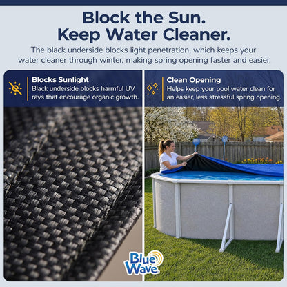 Blue Wave Gold - Cubierta de piscina ovalada sobre el piso de 15 años para invierno, polietileno duradero y resistente a la intemperie, superposición de 4 pies, parte inferior negra, ojales reforzados