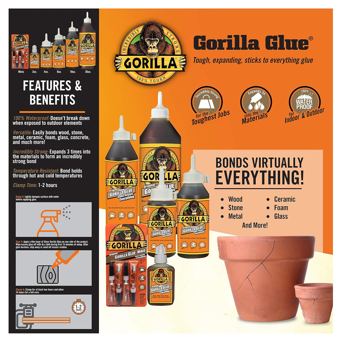 Gorilla Original - Pegamento de poliuretano impermeable, botella de 2 onzas, color marrón (paquete de 1)
