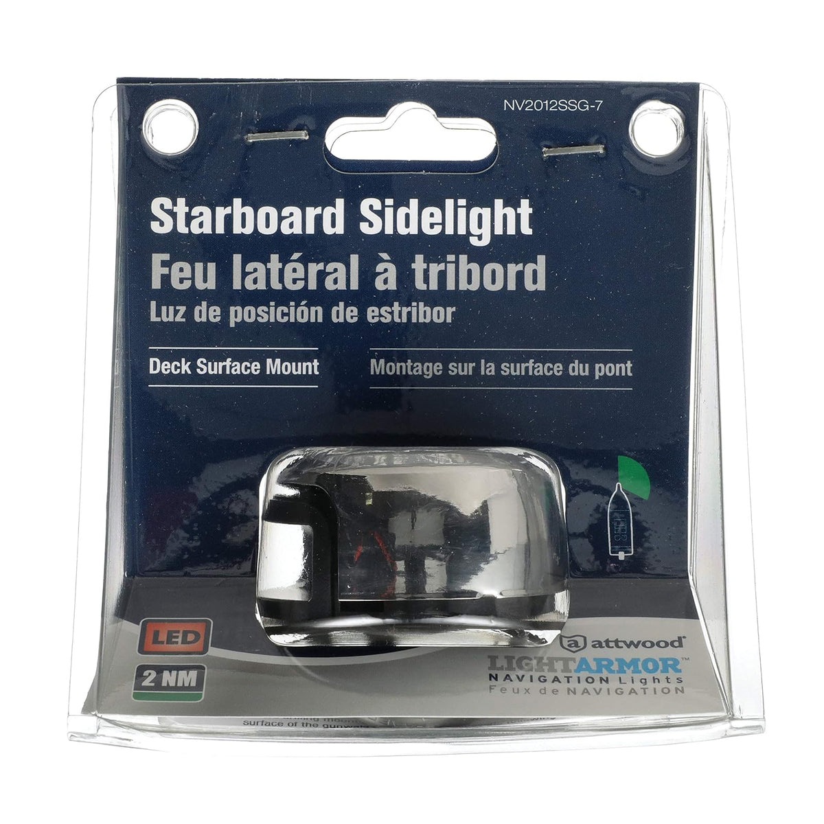 attwood NV2012SSG-7 LightArmor - Luz Lateral de Montaje en Cubierta de navegación de 2 Millas, iluminación LED Verde, Carcasa Redonda de Acero Inoxidable