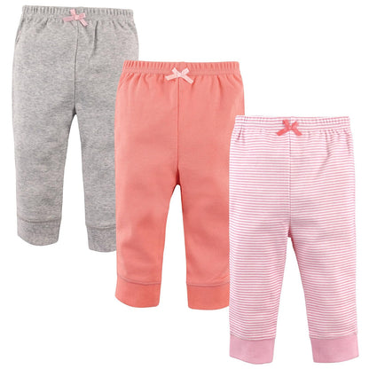 Luvable Friends Paquete de 3 Pantalones con Puño en Cintura y Tobillo, para Bebé - 3-6 Meses - Rayas Rosa Claro Coral - 3