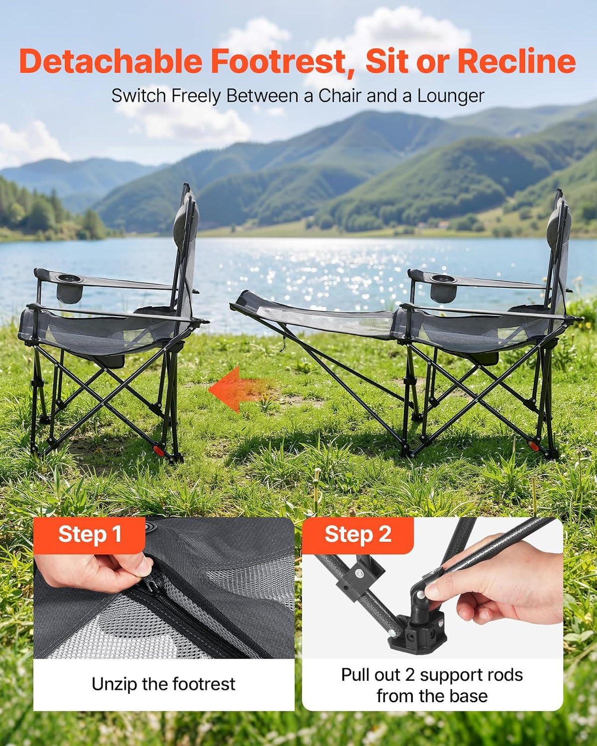 VEVOR Silla de Camping Plegable, 4 Posiciones Ajustables, Silla Reclinable y Portátil con Reposapiés y Reposacabezas, Tejido de Malla, Capacidad de Carga de 100 kg, para Playa y Patio, Gris